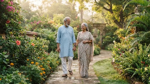 Older adults walking in a garden